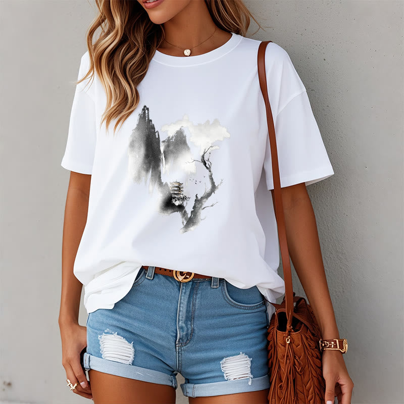 Camiseta con estampado de Buddha Stones Pavilion Tree Geese Around The Mountains - image 4