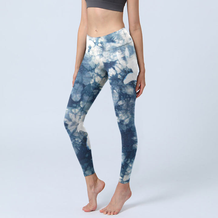 Leggings de yoga para mujer con estampado de textura de acuarela y flores de lirio azul y Buddha Stones - Azul acero - US18，UK/AU22，EU50 (4XL) - image 1