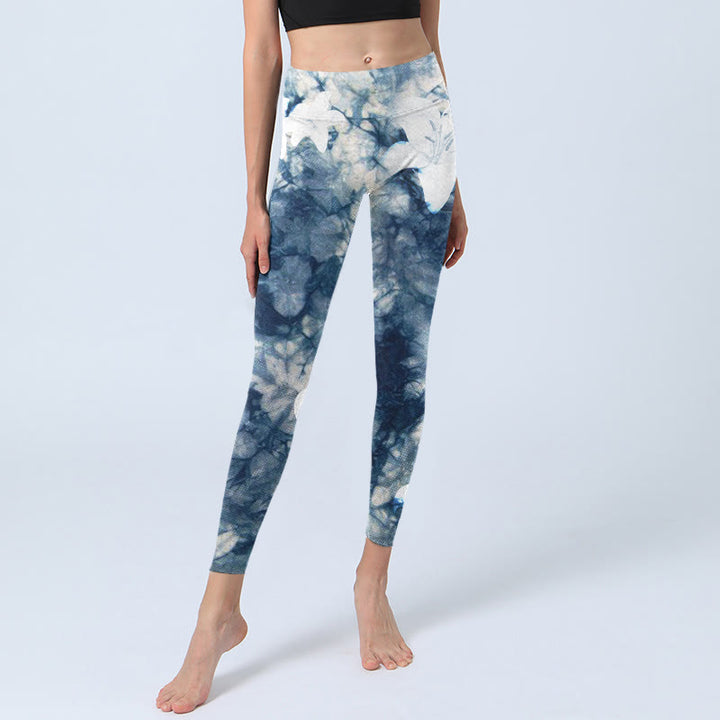 Leggings de yoga para mujer con estampado de textura de acuarela y flores de lirio azul y Buddha Stones - image 5