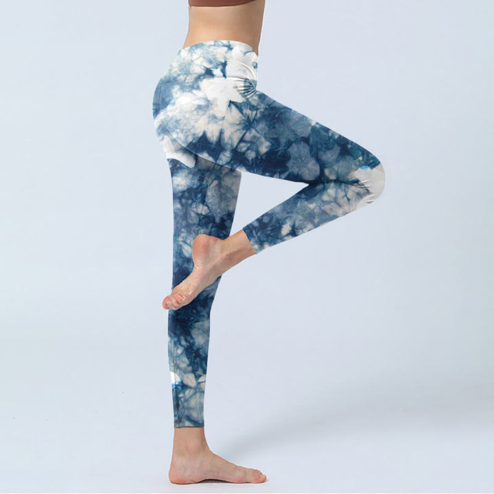 Leggings de yoga para mujer con estampado de textura de acuarela y flores de lirio azul y Buddha Stones - image 3