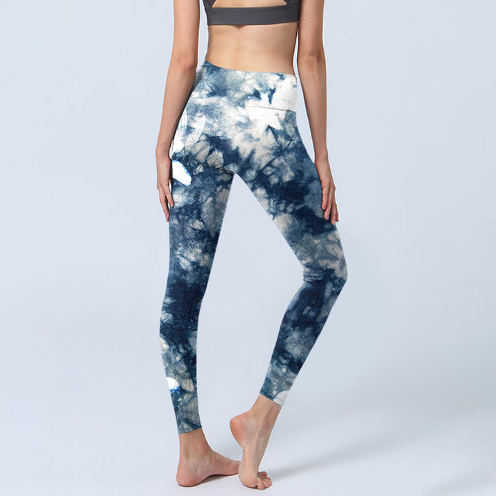 Leggings de yoga para mujer con estampado de textura de acuarela y flores de lirio azul y Buddha Stones - image 4