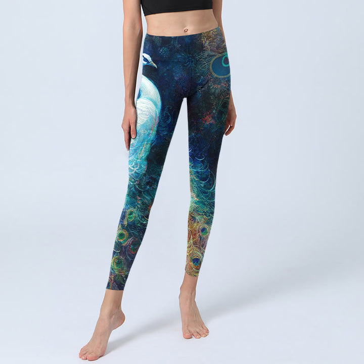 Leggings de yoga para mujer con estampado de plumas de pavo real azul y Buddha Stones - image 6