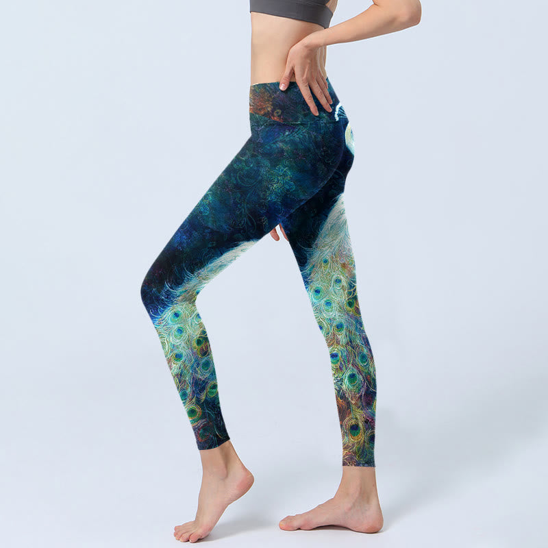 Leggings de yoga para mujer con estampado de plumas de pavo real azul y Buddha Stones - image 3