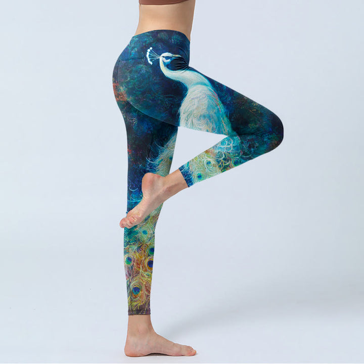 Leggings de yoga para mujer con estampado de plumas de pavo real azul y Buddha Stones - image 3