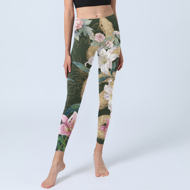 Leggings de yoga para mujer con estampado de flores de peonía, lirio, serpiente y piedras de Buddha Stones, color verde y dorado - image 5