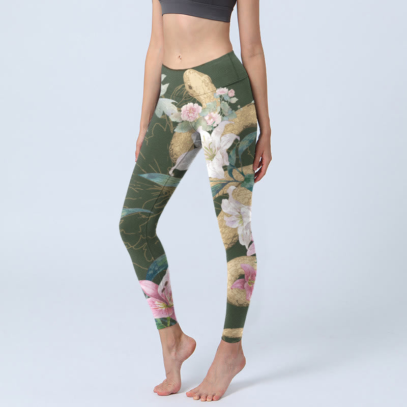 Leggings de yoga para mujer con estampado de flores de peonía, lirio, serpiente y piedras de Buddha Stones, color verde y dorado - Verde oliva oscuro - US18，UK/AU22，EU50 (4XL) - image 1