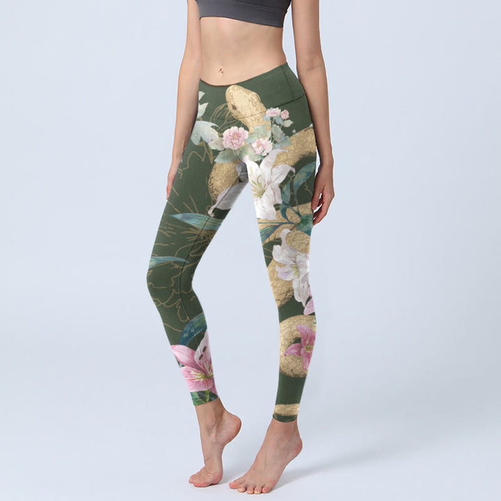Leggings de yoga para mujer con estampado de flores de peonía, lirio, serpiente y piedras de Buddha Stones, color verde y dorado - Verde oliva oscuro - US18，UK/AU22，EU50 (4XL) - image 0