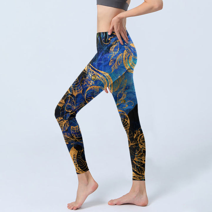 Leggings de yoga para mujer con estampado de hojas, flores, mariposas y serpientes negras y Buddha Stones - image 3