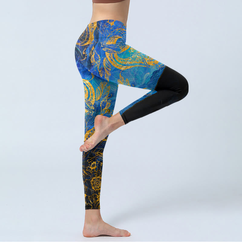 Leggings de yoga para mujer con estampado de hojas, flores, mariposas y serpientes negras y Buddha Stones - image 4