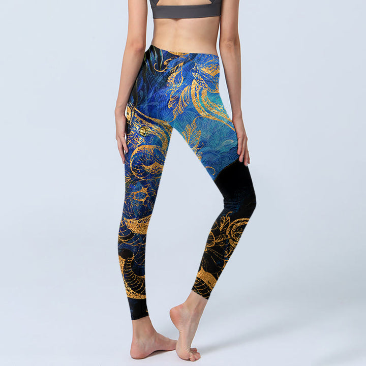 Leggings de yoga para mujer con estampado de hojas, flores, mariposas y serpientes negras y Buddha Stones - image 5