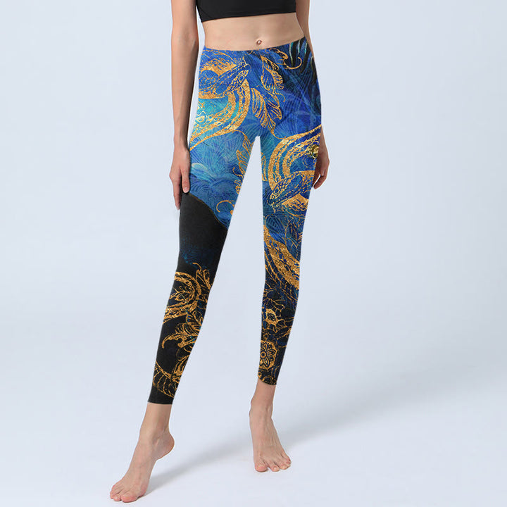 Leggings de yoga para mujer con estampado de hojas, flores, mariposas y serpientes negras y Buddha Stones - image 6