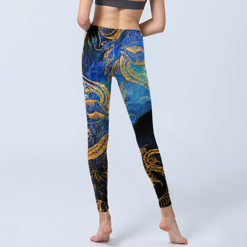 Leggings de yoga para mujer con estampado de hojas, flores, mariposas y serpientes negras y Buddha Stones - image 7