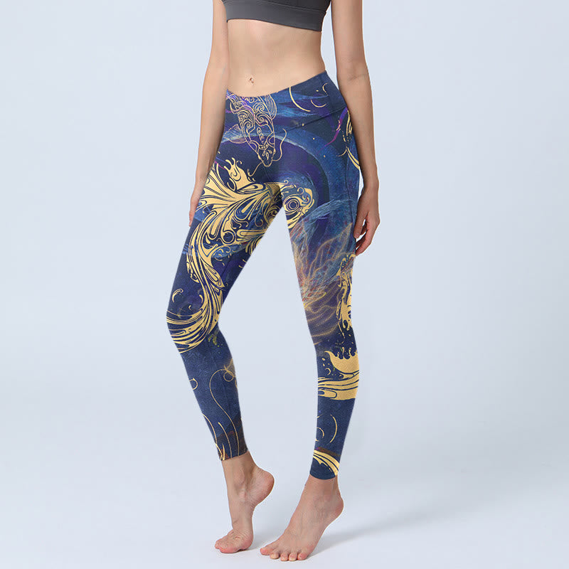 Leggings de yoga para mujer con estampado de nubes auspiciosas, peces koi azules y Buddha Stones - Azul medio - US18，UK/AU22，EU50 (4XL) - image 0