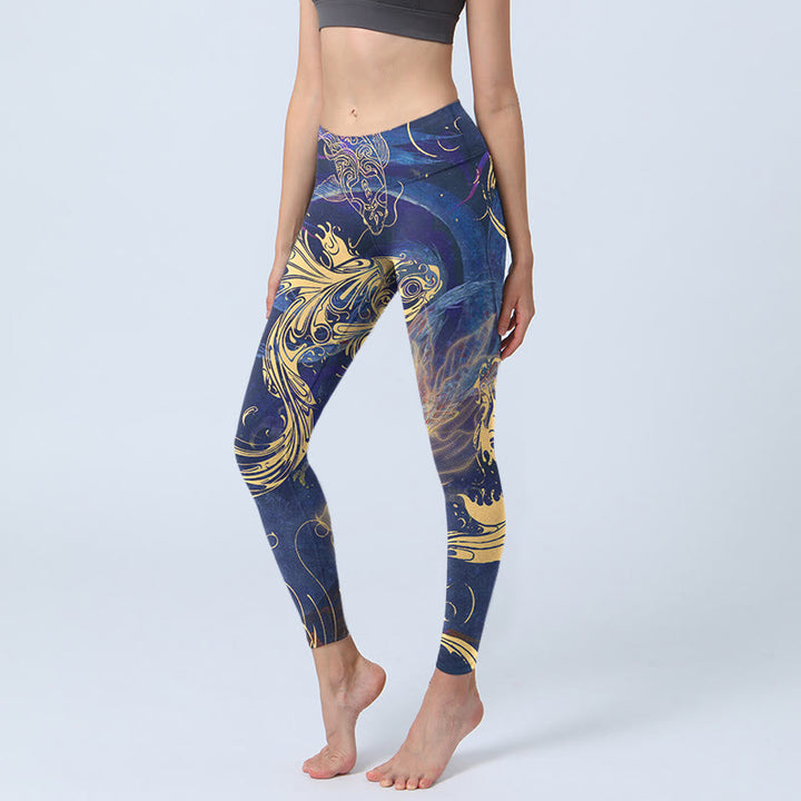 Leggings de yoga para mujer con estampado de nubes auspiciosas, peces koi azules y Buddha Stones - Azul medio - US18，UK/AU22，EU50 (4XL) - image 0