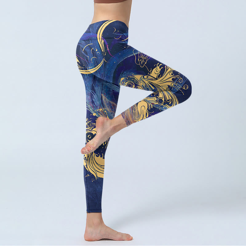 Leggings de yoga para mujer con estampado de nubes auspiciosas, peces koi azules y Buddha Stones - image 4