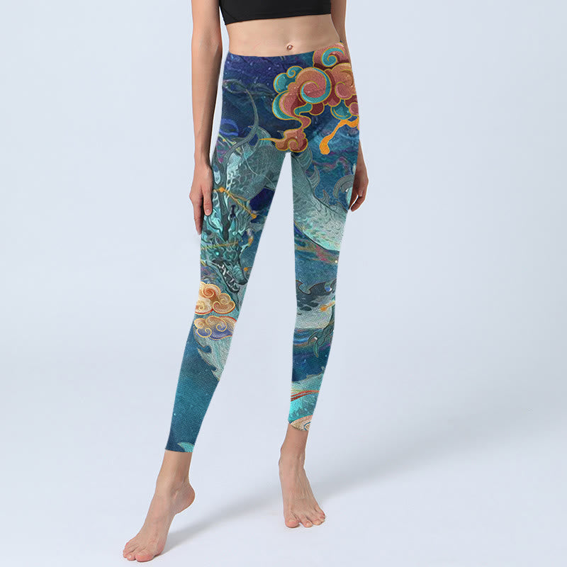 Leggings de yoga para mujer con estampado de nubes auspiciosas y dragón azul y Buddha Stones - image 6