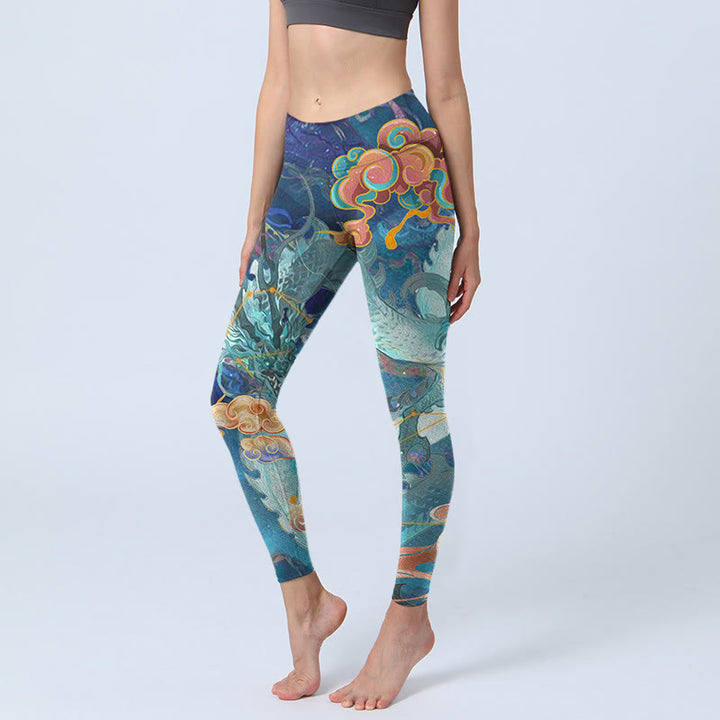Leggings de yoga para mujer con estampado de nubes auspiciosas y dragón azul y Buddha Stones - Azul acero - US18，UK/AU22，EU50 (4XL) - image 0