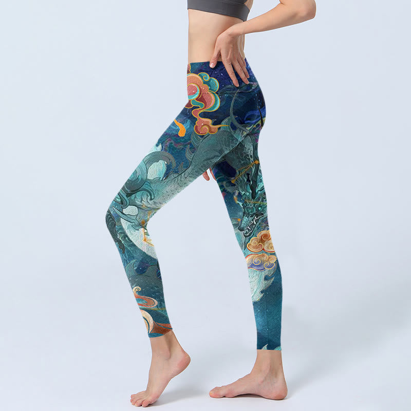 Leggings de yoga para mujer con estampado de nubes auspiciosas y dragón azul y Buddha Stones - image 3