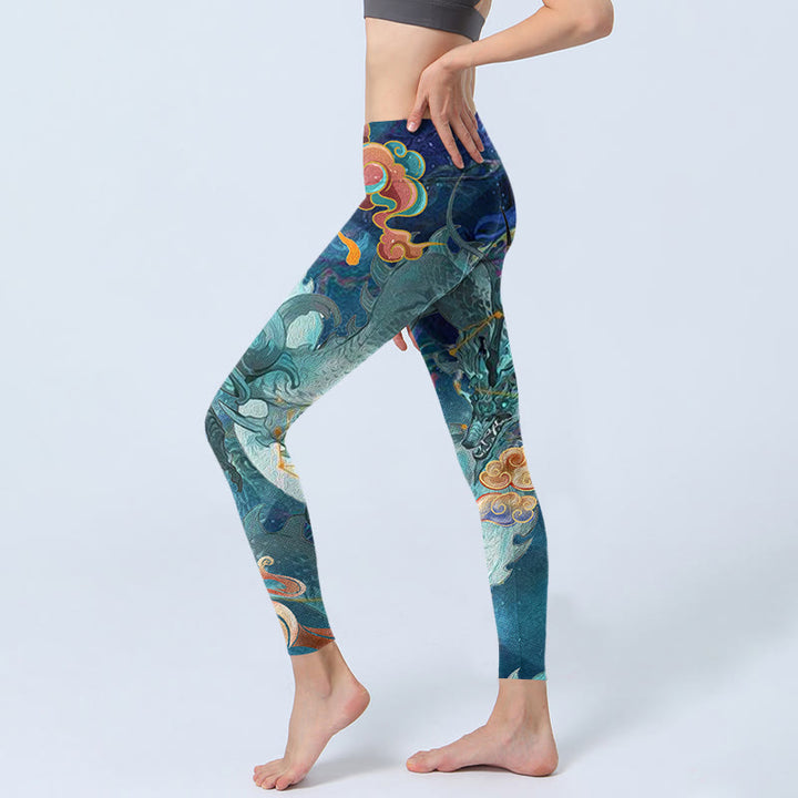 Leggings de yoga para mujer con estampado de nubes auspiciosas y dragón azul y Buddha Stones - image 3