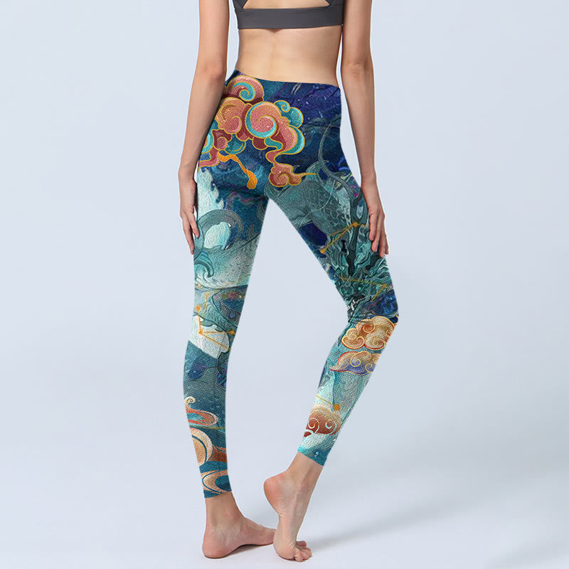 Leggings de yoga para mujer con estampado de nubes auspiciosas y dragón azul y Buddha Stones - image 5