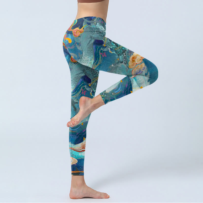 Leggings de yoga para mujer con estampado de nubes auspiciosas y dragón azul y Buddha Stones - image 3