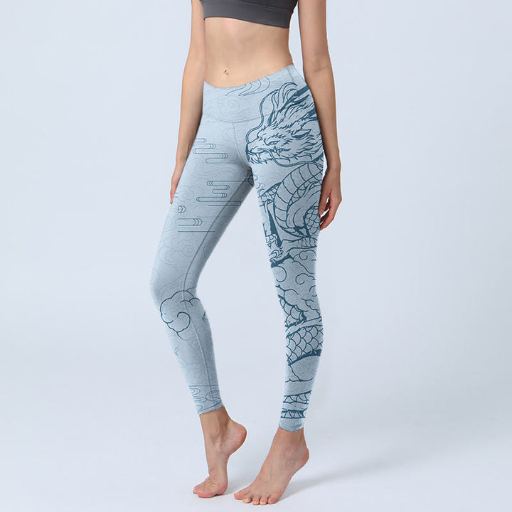 Leggings de yoga para mujer con estampado de nubes en espiral y dragón azul y Buddha Stones - Azul cielo claro - US18，UK/AU22，EU50 (4XL) - image 1