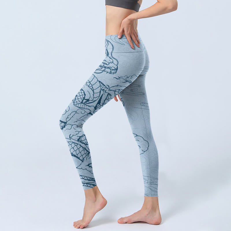 Leggings de yoga para mujer con estampado de nubes en espiral y dragón azul y Buddha Stones - image 3
