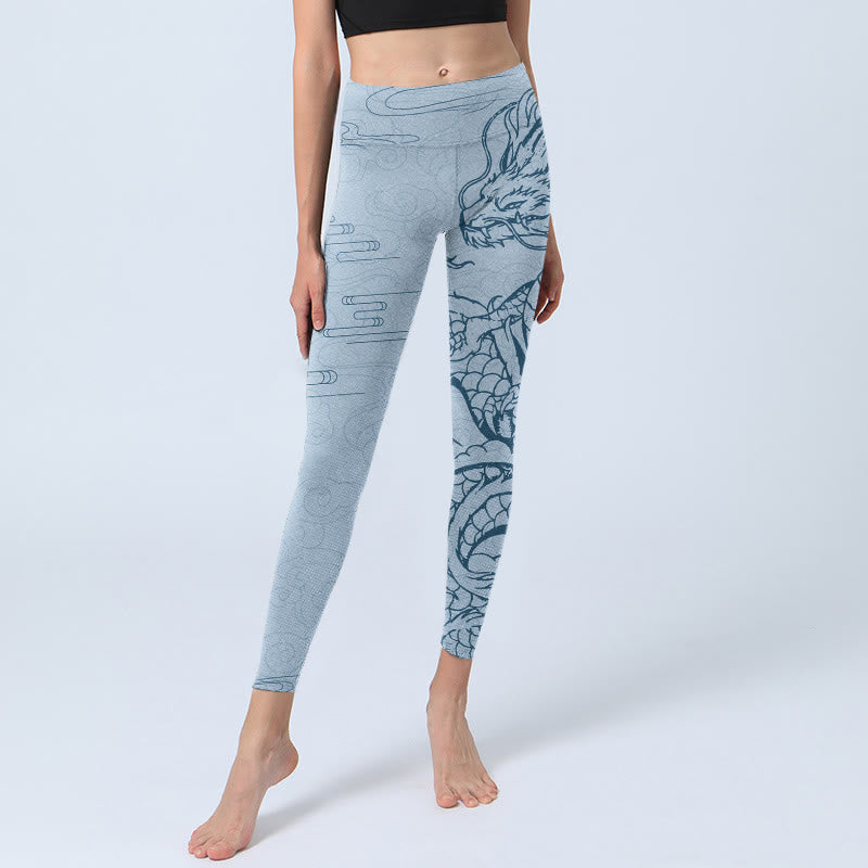 Leggings de yoga para mujer con estampado de nubes en espiral y dragón azul y Buddha Stones - image 6