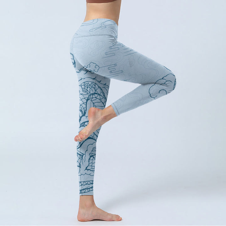 Leggings de yoga para mujer con estampado de nubes en espiral y dragón azul y Buddha Stones - image 4