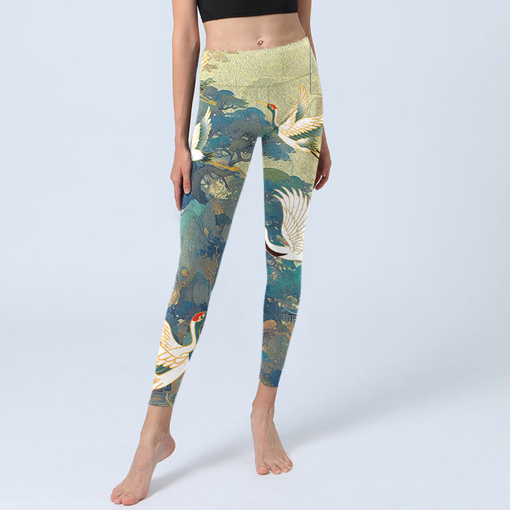 Leggings de yoga para mujer con estampado de grulla de corona roja, pino y piedras de Buddha Stones en azul - image 5
