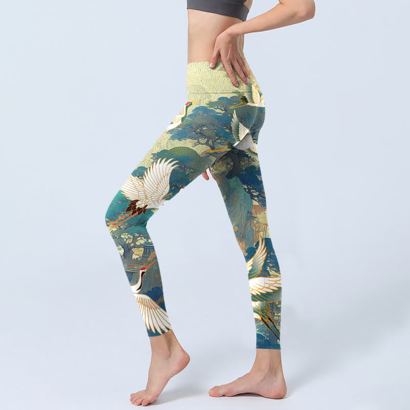 Leggings de yoga para mujer con estampado de grulla de corona roja, pino y piedras de Buddha Stones en azul - image 3