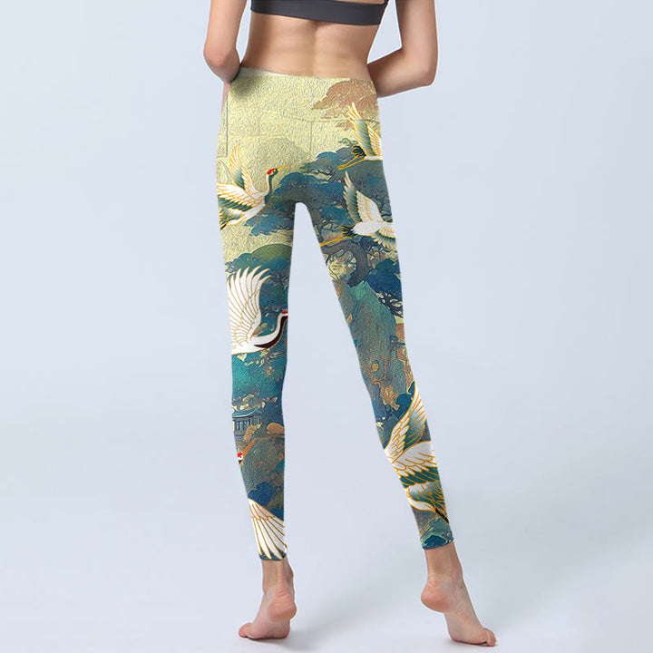 Leggings de yoga para mujer con estampado de grulla de corona roja, pino y piedras de Buddha Stones en azul - image 7