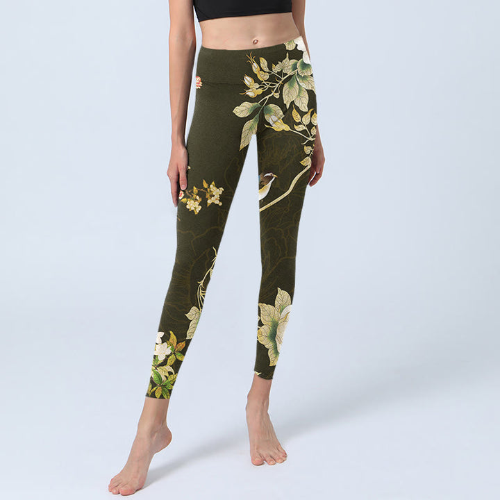 Leggings de yoga para mujer con estampado de flores de magnolia negras y Buddha Stones - image 6