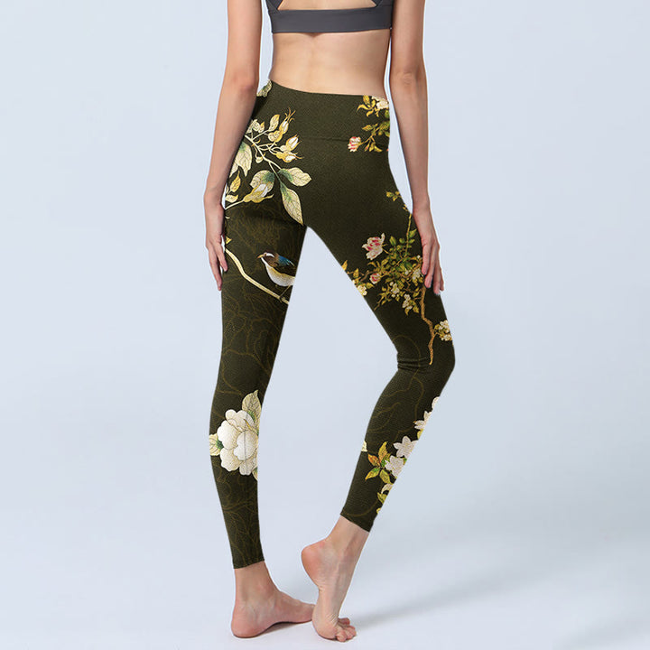 Leggings de yoga para mujer con estampado de flores de magnolia negras y Buddha Stones - image 5