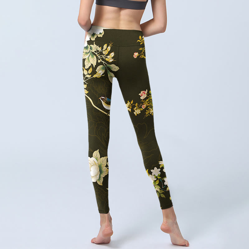 Leggings de yoga para mujer con estampado de flores de magnolia negras y Buddha Stones - image 7