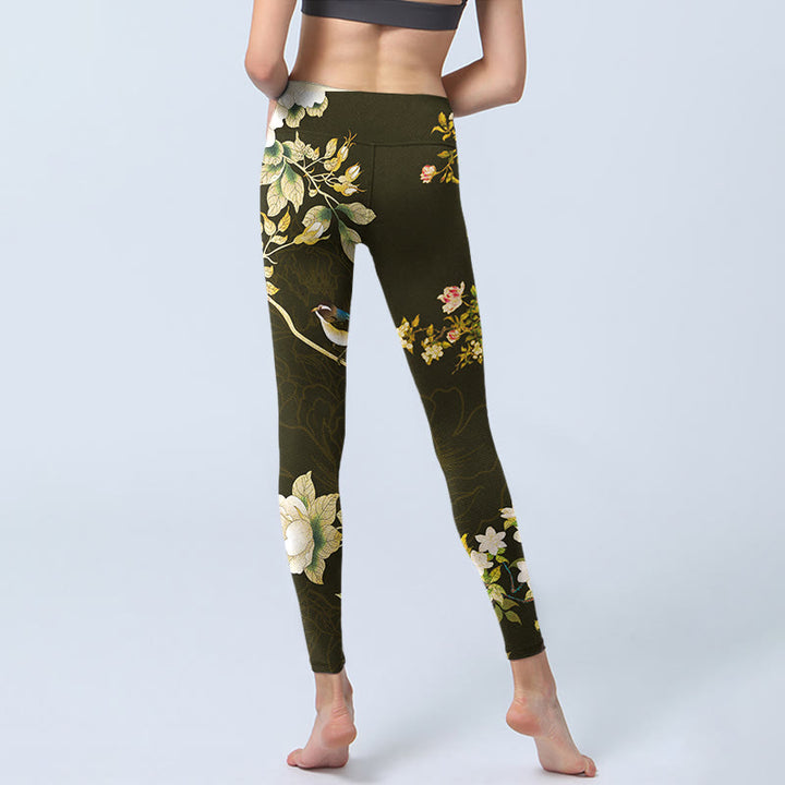 Leggings de yoga para mujer con estampado de flores de magnolia negras y Buddha Stones - image 7