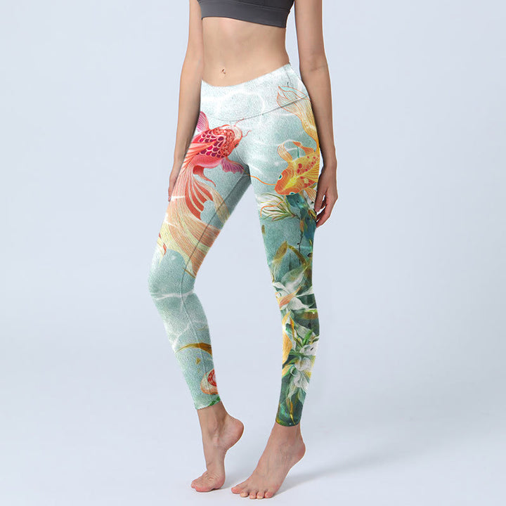 Leggings de yoga para mujer con estampado de ondas de agua, loto blanco, pez koi verde y Buddha Stones - Gotas de miel - US18，UK/AU22，EU50 (4XL) - image 1
