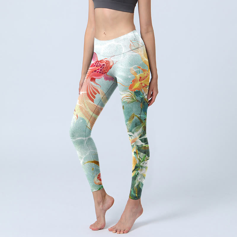 Leggings de yoga para mujer con estampado de ondas de agua, loto blanco, pez koi verde y Buddha Stones - Gotas de miel - US18，UK/AU22，EU50 (4XL) - image 0