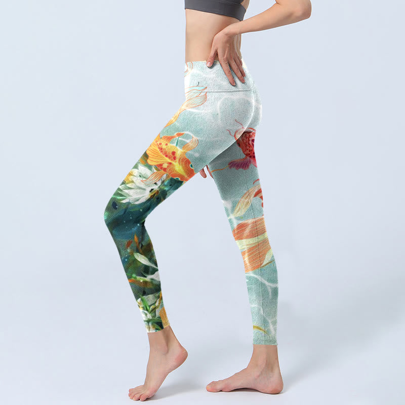 Leggings de yoga para mujer con estampado de ondas de agua, loto blanco, pez koi verde y Buddha Stones - image 3