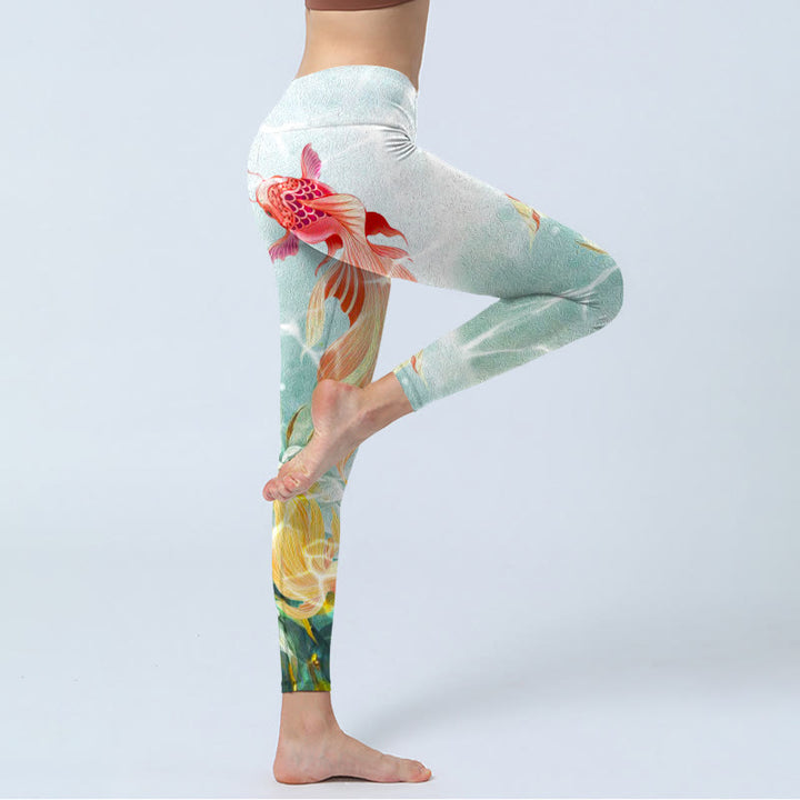 Leggings de yoga para mujer con estampado de ondas de agua, loto blanco, pez koi verde y Buddha Stones - image 4