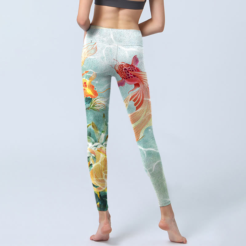 Leggings de yoga para mujer con estampado de ondas de agua, loto blanco, pez koi verde y Buddha Stones - image 7