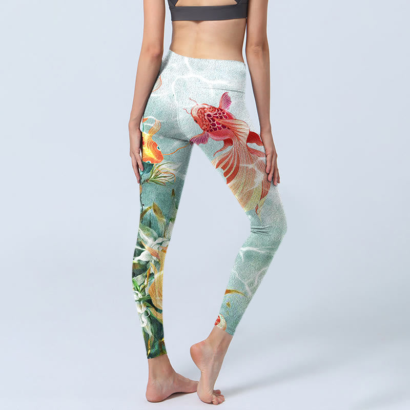 Leggings de yoga para mujer con estampado de ondas de agua, loto blanco, pez koi verde y Buddha Stones - image 4
