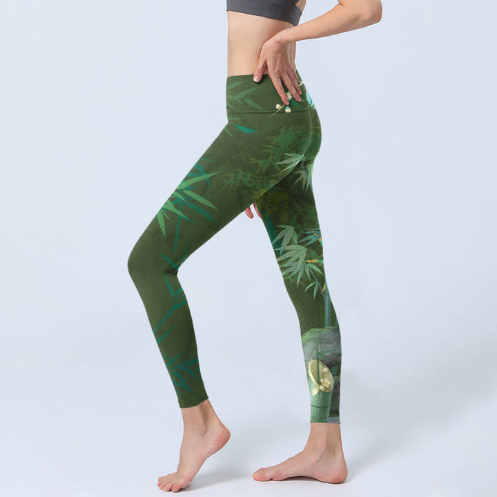 Leggings de yoga para mujer con estampado de flores y piedras de bambú verde y Buddha Stones - image 3