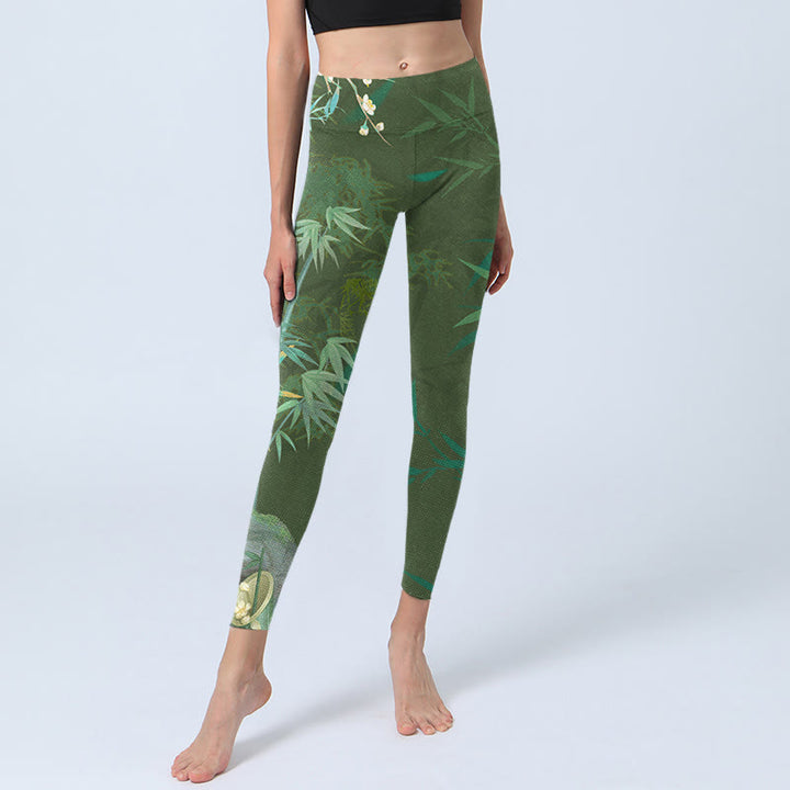 Leggings de yoga para mujer con estampado de flores y piedras de bambú verde y Buddha Stones
