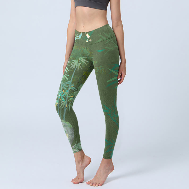 Leggings de yoga para mujer con estampado de flores y piedras de bambú verde y Buddha Stones