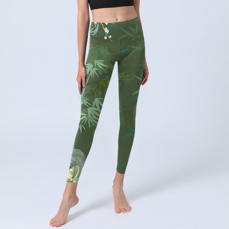 Leggings de yoga para mujer con estampado de flores y piedras de bambú verde y Buddha Stones - image 6