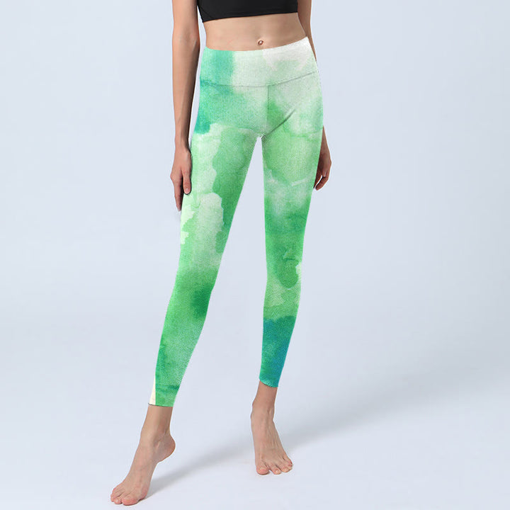 Leggings deportivos con estampado de tinta verde y Buddha Stones para mujer - image 6