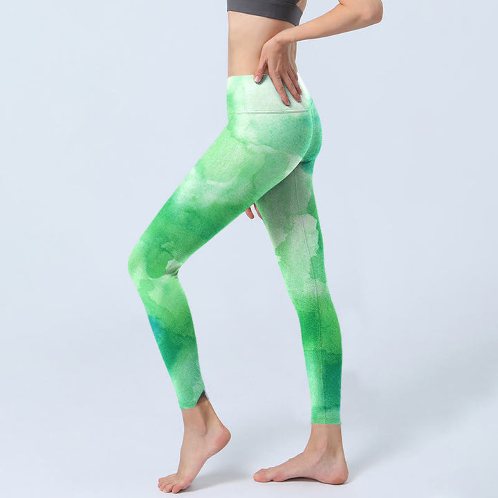 Leggings deportivos con estampado de tinta verde y Buddha Stones para mujer - image 3