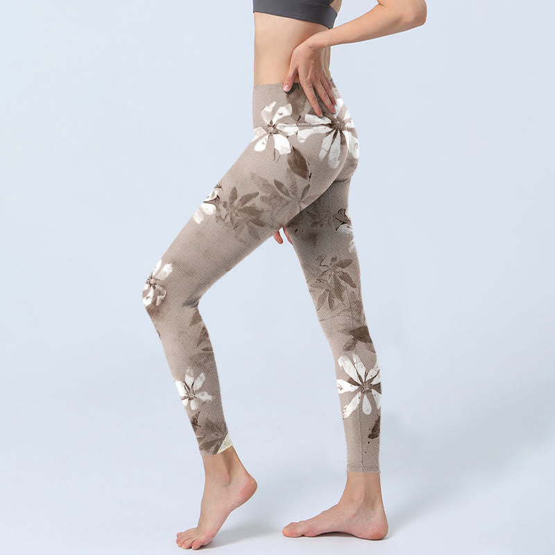 Leggings de yoga para mujer con estampado de flores blancas y marrones y Buddha Stones - image 2