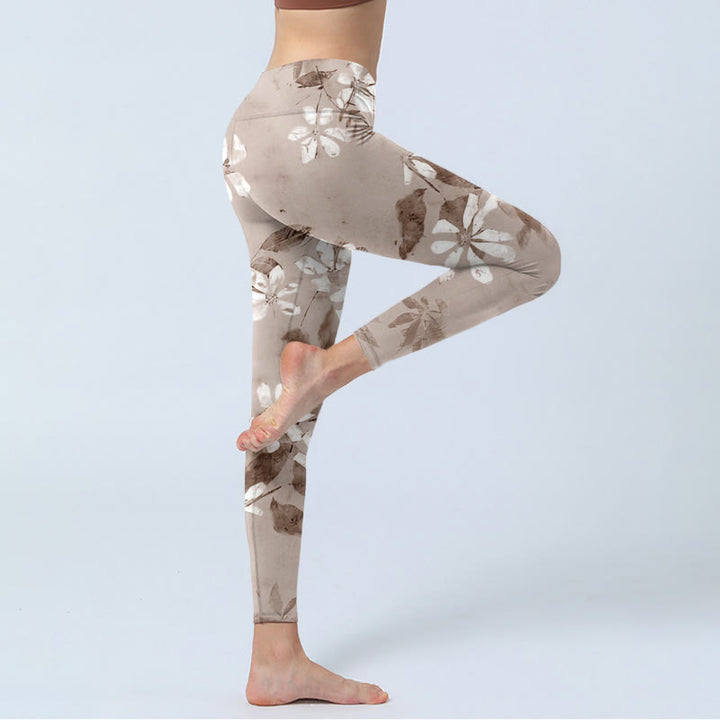 Leggings de yoga para mujer con estampado de flores blancas y marrones y Buddha Stones - image 4